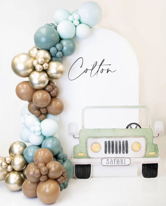 Customized Backdrop Car Themed Birthday Party Balloons Brown Light Gold Dusty Blue Light Blue
