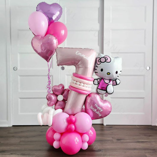 Platform Pink Number '7' with Latex Pink and White with Hello Kitty, Heart Foil accents and Helium Heart and Latex Bunch - Customizable Sticker and Balloons Design Perfect for special occasions!