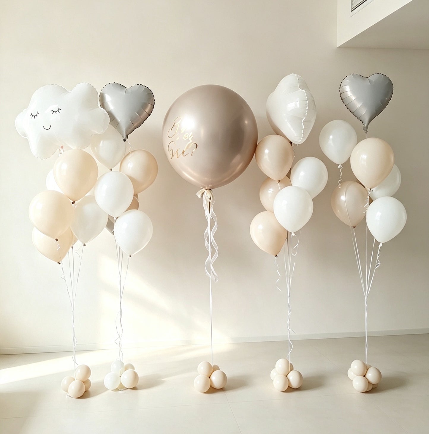 Gender Reveal Helium Set Dark Beige Customized Light Gold sticker, Helium Latex Foil Bunch Heart Cloud White and Dark Beige Balloons