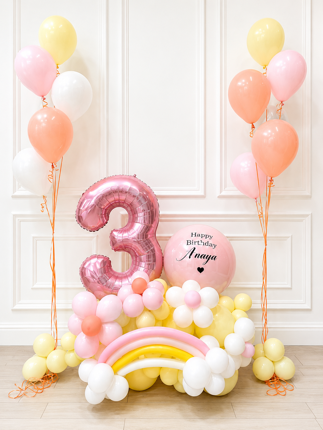 Platform Pink Number '3’ with Balloons Pastel Colors Pink Yellow Peach White with Customize Sticker and Helium Bunch - Customizable Design