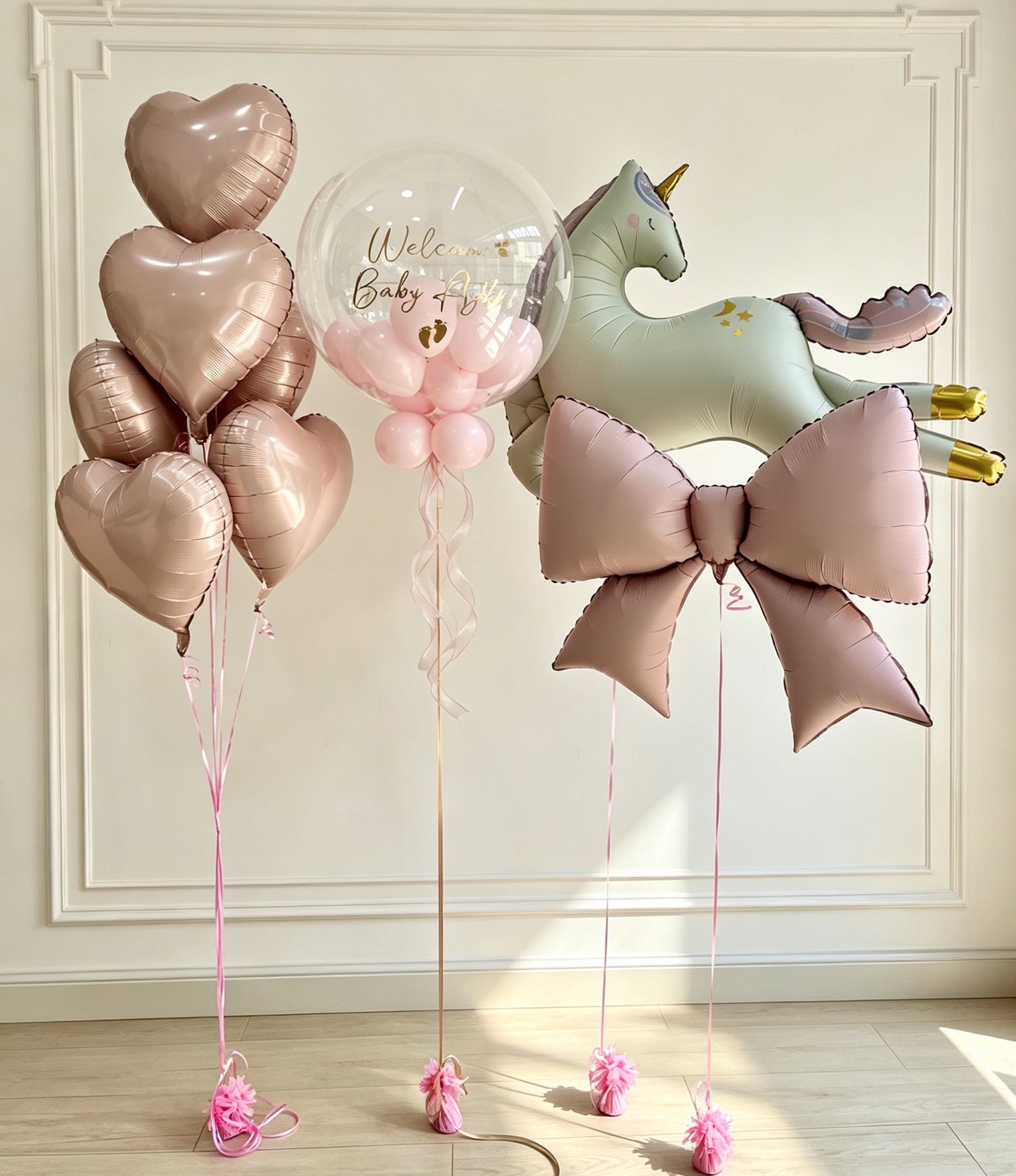 Personalised Clear with Mini Balloons Custom Sticker and Pink Heart Helium Bunch Unicorn Pink Bow – Unicorn-Themed Customizable Design