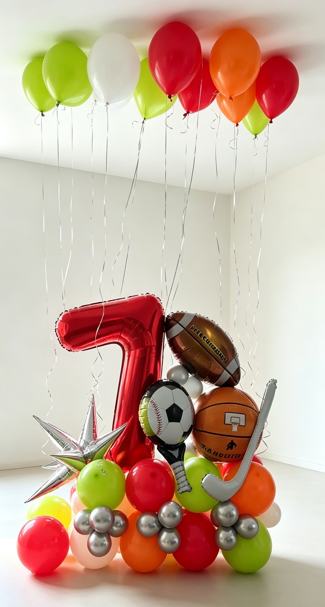 Platform Number Red ‘7’ Sports Theme Red Orange White Green Balloons with Tennis, Basketball, Football, Golf and Starburst accent - Customizable Design