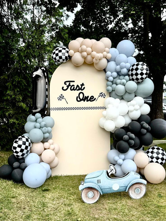 Car-Themed Customize Backdrop, Car,  Number 1 and Balloons Black Blue  White Green Wheels - Themed Birthday Party