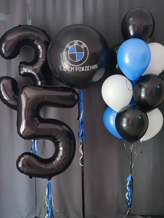 Helium Balloon Two Number Set of Black Number ‘35’ Balloon with Personalised Latex Black with Sticker and Latex Blue, Black and White Helium Bunch - Racing Car-Themed Perfect for any Occasions