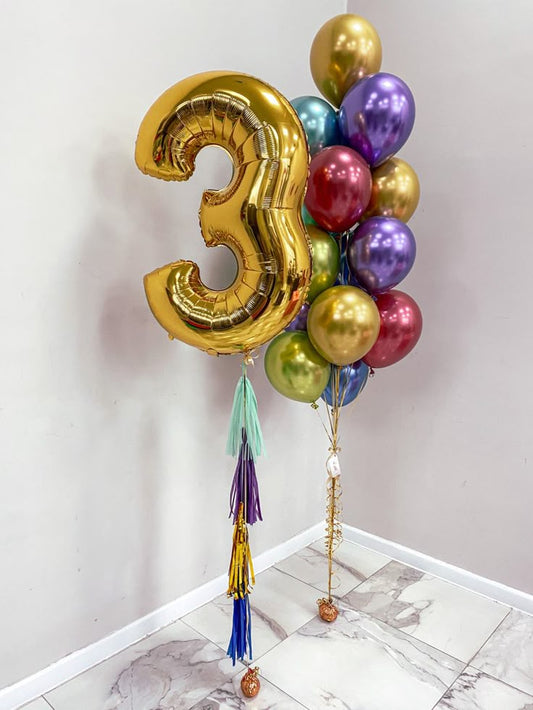 Helium Balloons Single Number Set Gold '3' with Tassels and Latex Bunch Chrome Colors Purple, Gold, Blue, Green and Pink - Perfect for any Occasions!