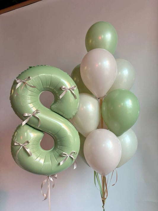 Helium Balloons Single Number Set Green '8' with Small Ribbons and Latex Bunch Different Shades of Green and White - Perfect for any Occasions!