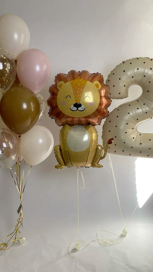 Helium Balloon Single Number Set of Beige Number ‘2’ Balloon with Lion and Latex Helium Bunch Clear with Confetti, Pink, Brown and Dust White - Safari and Jungle-Themed Perfect for any Occasions