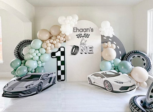 Car-Themed Customize Backdrop, Car,  Number 1 and Balloons Black Blue  White Green Wheels - Themed Birthday Party