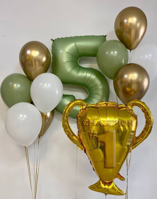 Helium Balloon Set of Green, Gold and White Latex with Number ‘5’ Balloon and Trophy ‘Champion’ Foil and Gold Strings - Perfect for any Occasions
