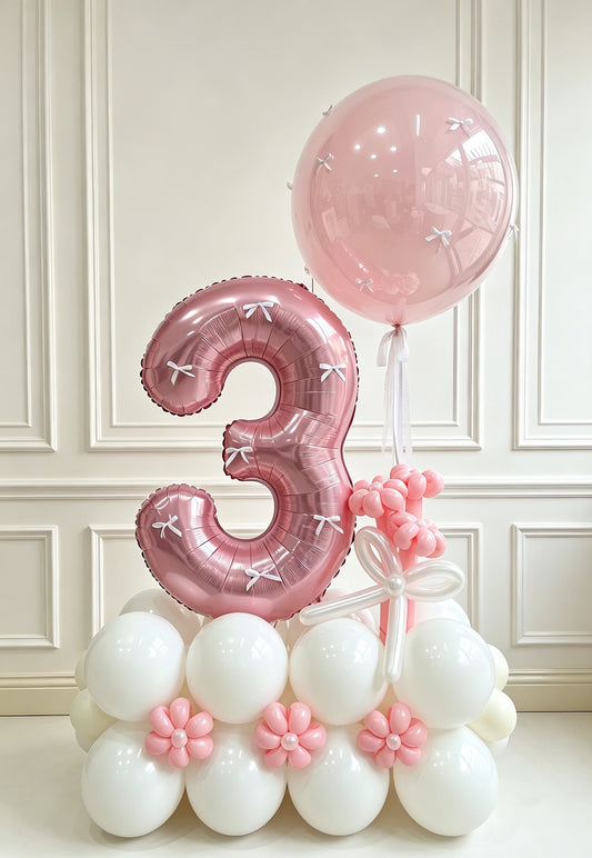 Platform Pink Number '3’ with Balloons White Pearl White Pink Flower Garden Theme and Helium Bobo Balloon with Bows - Customizable Design
