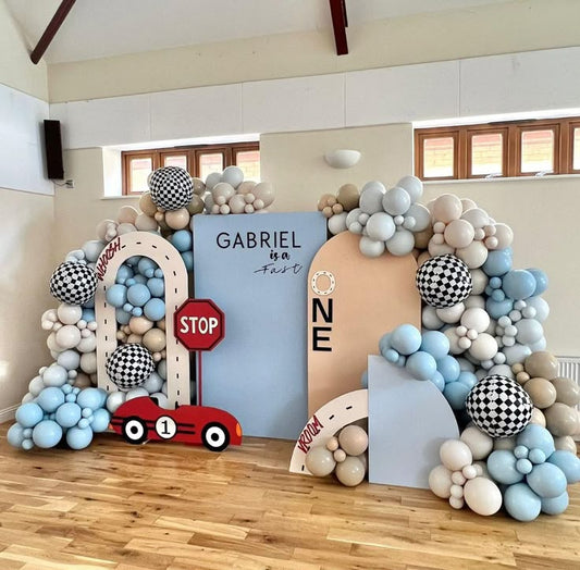 Car-Themed Customize Backdrop, Car,  Number 1 and Balloons Black Blue  White Green Wheels - Themed Birthday Party