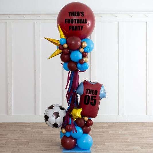 Personalised Maroon, Blue and Gold Football Balloon and Tassels Pillar/Column/Tower - Customizable for Any Sports-Themed Celebrations