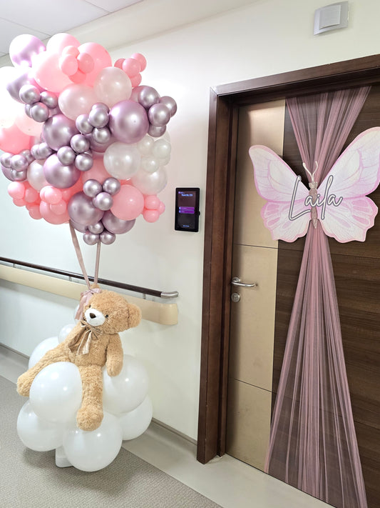 Hospital Setup Welcoming Baby Door Decor Ribbon Fabric Butterfly Cutouts and Teddy Bear Stand with Balloons Pink Pearl White Shinny Pink - Perfect for special occasions