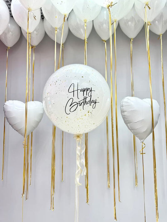 Helium Balloons Personalised Clear with White Latex, Confetti, Customize Sticker, Latex Ceiling White with Heart-Shaped Foil with Tassels - Customizable Decor