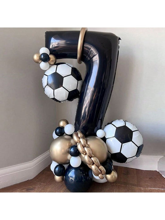 Platform Black Number '7' Custom Balloon Decor with Light Gold and Black Latex with Soccer Ball accents – Sports-Themed, Football-Themed, Soccer-Themed Perfect for Any Milestone Celebrations!