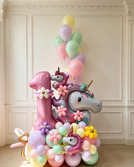 Platform Pink Number '1’ with Balloons Pastel Colors Pink Green Blue Purple Yellow and Latex Helium Bunch Unicorn – Unicorn-Themed Customizable Design