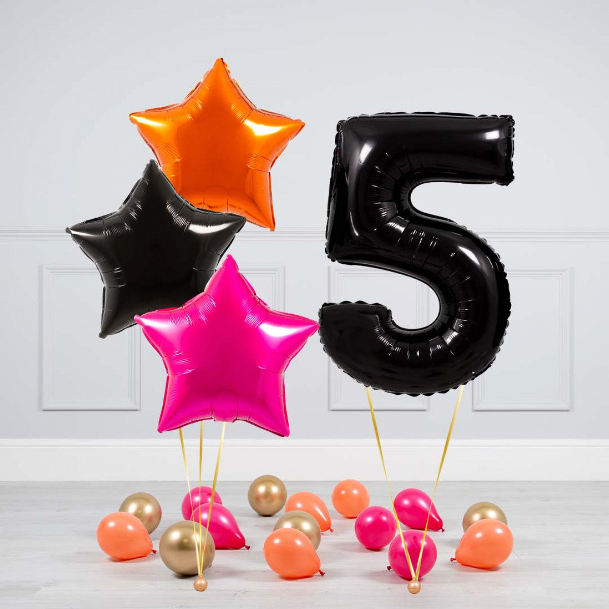 Helium Black Single Number Set Balloon - Orange, Black and Pink Star with Mini Balloons