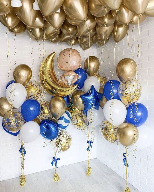 Ceiling and Bunch Helium Balloon Baby Boy, Gold Moon, Circle, Star and Candy Balloon with Latex Blue, White, Gold and Clear with Confetti - Baby Shower, Gender Reveal Perfect for Special Occasions!