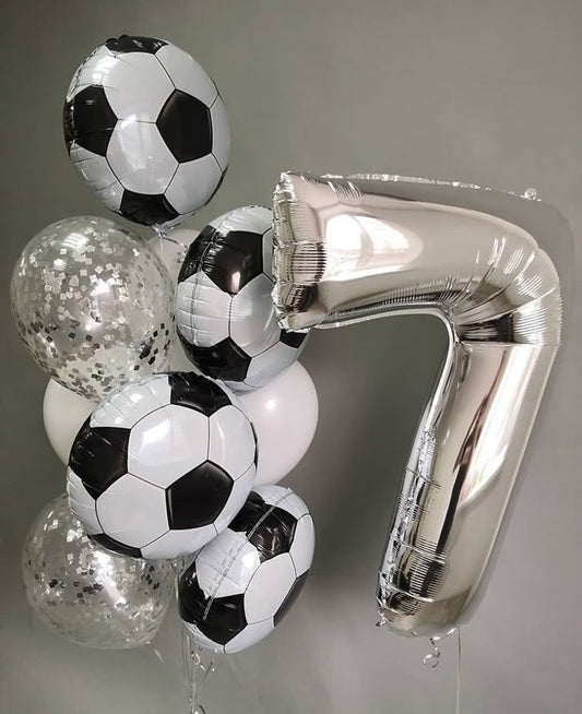 Helium Balloon Single Number Set of Silver Number ‘7’ Balloon with Soccer Ball, White and Clear with Confetti Latex Helium Bunch - Sports-Themed, Football-Themed, Soccer-Themed Perfect for any Occasions