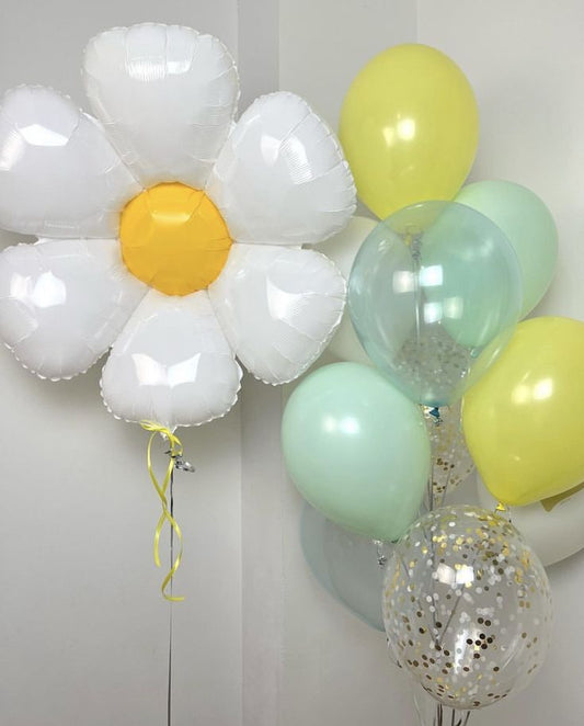 Latex Bunch Clear with Confetti, Yellow,  Mint Green and Dust White and Flower Helium - Fairy-Themed Garden-Themed Perfect for any Occasions