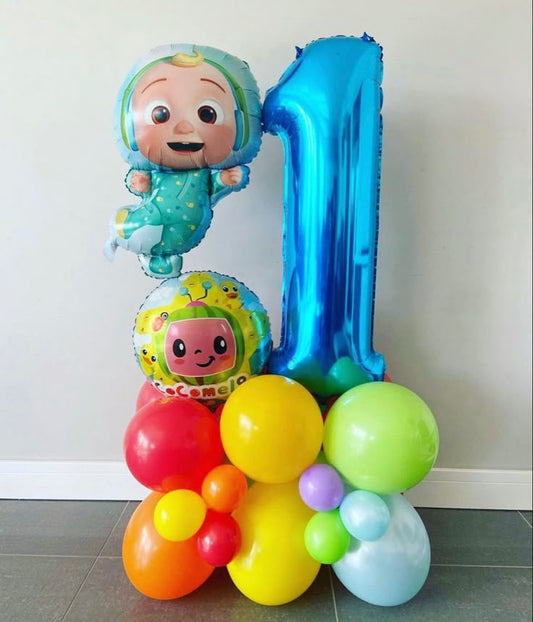Platform Blue Number '1' with Latex Blue, Green, Yellow and Red with Cocomelon Balloons accents – Cocomelon-Themed Customizable Design
