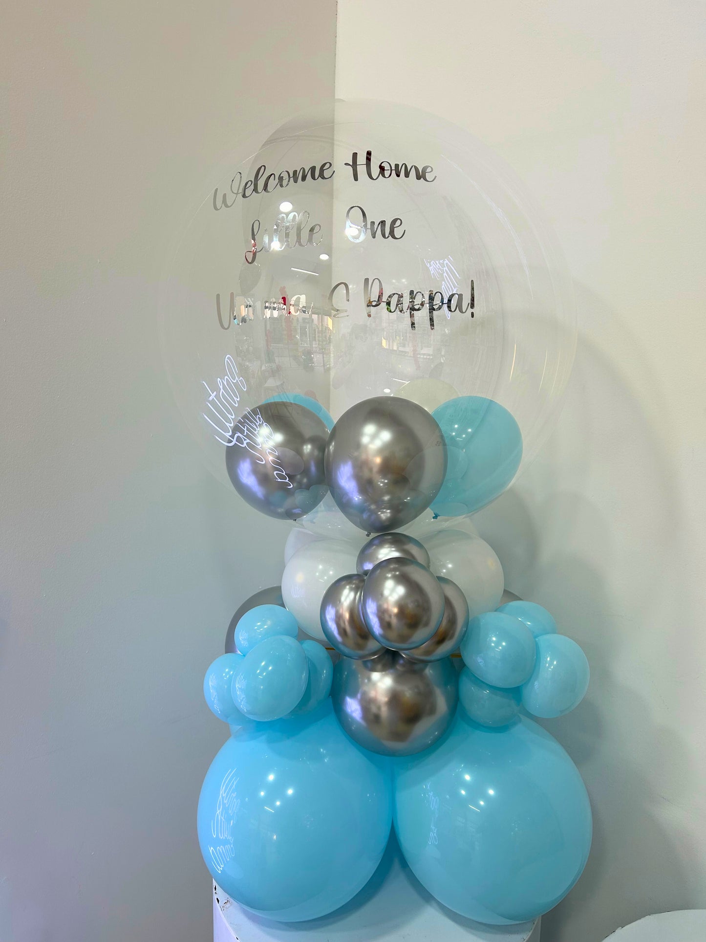 Personalised Birthday Bobo Balloon on Stand - Blue, White and Silver Accents