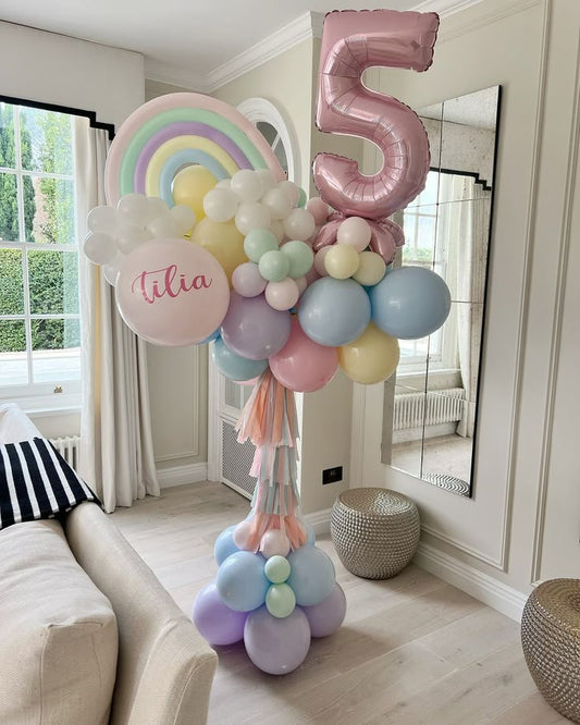 Pillar/Tower/Column Balloons Blue, Purple, Pink and Green with Customize Sticker, Designed Rainbow, Number Balloon '5' and Tassels - Customizable Design