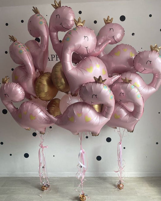 Helium Foil Balloons Pink Dinosaur with Crown and Circle Gold - Dinosaur-Themed Safari and Jungle-Themed Perfect for special occasions!