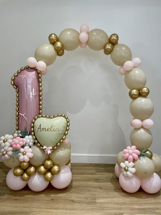 Quicklink Arch Pink Light Gold Number ‘1’ and Flower with Heart Customizable Design and Sticker