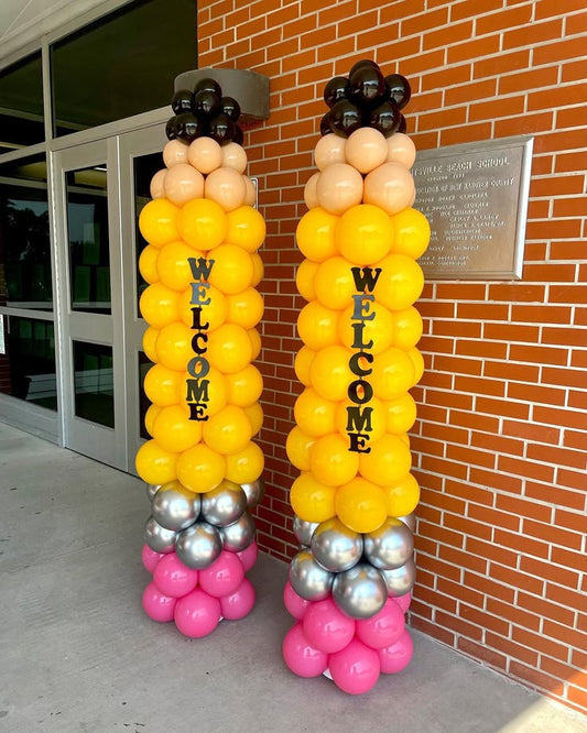Back To School Balloons Black, Beige, Yellow, Silver and Pink with 'WELCOME' Banner Pillar/Column/Tower - Perfect for Back To School and School Events!