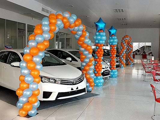 Full 2Balloon Arch Blue and Orange with Pillar/Column/Tower with Star Accents- Corporate Event, Grand Opening, Company Event Perfect for special occasion!