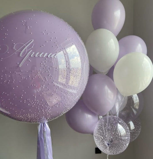 Personalised Helium Balloons Clear with Purple Latex, Ribbons, White Foam and Customize Sticker, Latex Bunch White, Clear, Clear with White Foam and Purple - Perfect for any Occasions