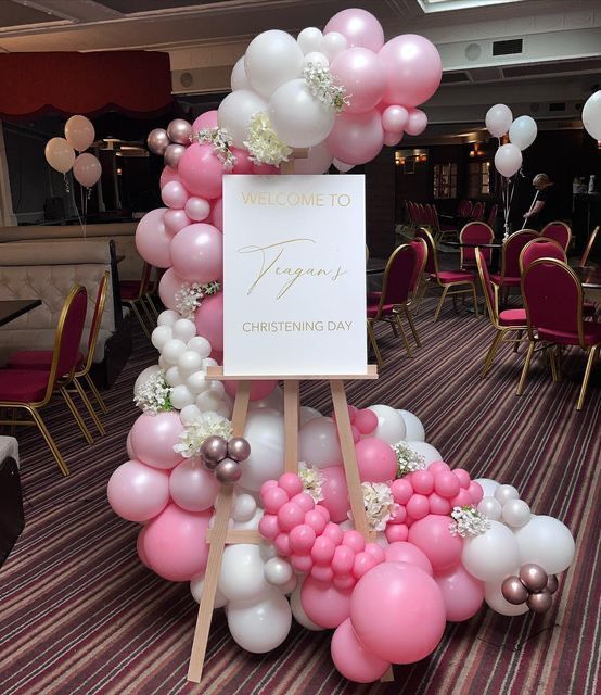 Customizable Canvas with Wooden Stand Welcome Board and Organic Arrangement Balloon Pink, White and Shinny Pink with Artificial Flower - Perfect for any occasions!