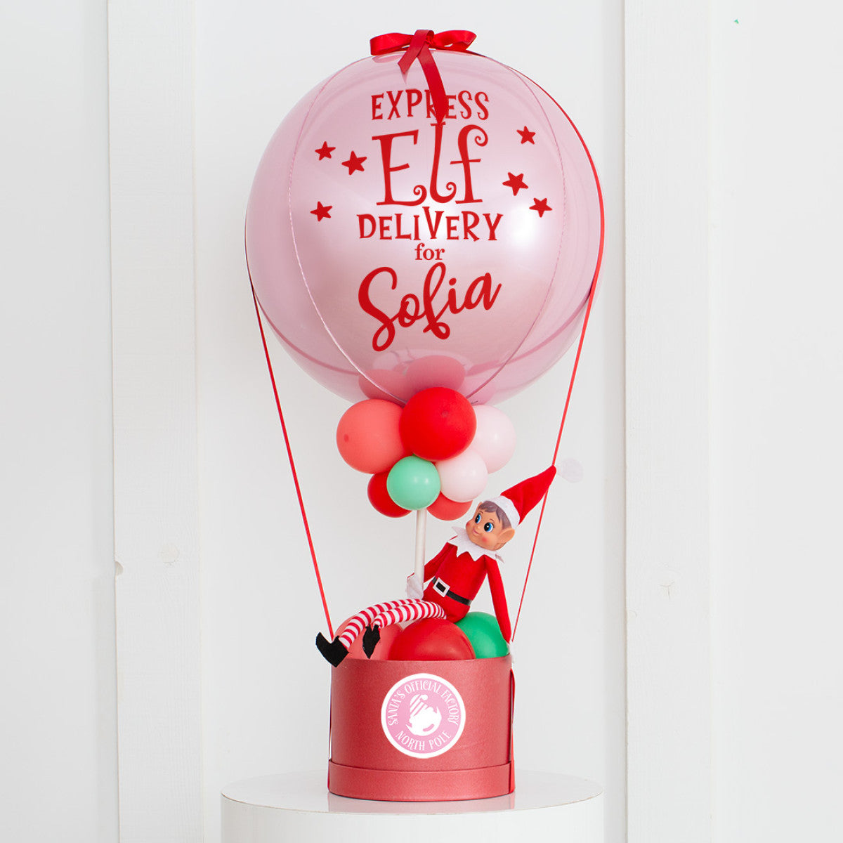 Personalised Christmas Balloon Elf Gift Box - Pink, Red, Green and White Colors