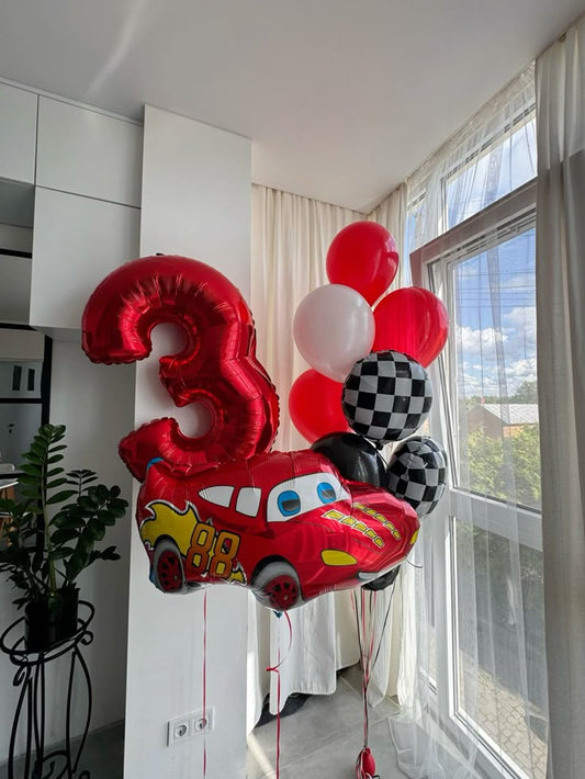 Helium Balloon Single Number Set of Red Number ‘3’ Balloon with Cars, Circle Checkered with Latex Red, White and Black Helium Bunch - Racing Car-Themed Perfect for any Occasions