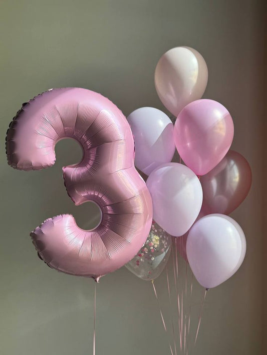 Helium Balloons Single Number Set Pink '7' and Latex Bunch Pink, Purple and Clear with Confetti - Perfect for any Occasions!