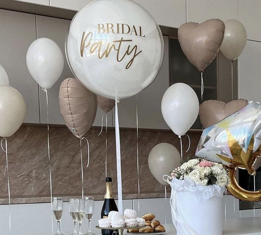 Personalised Clear with White Latex and Customize Sticker, Engagement Gold Diamond Ring and Helium Bunch Brown, White and Beige Heart-Shaped and Latex - Bridal Shower Perfect for Special Occasions!