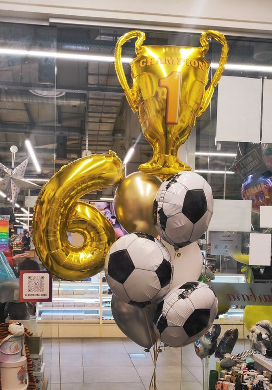 Helium Balloon Single Number Set of Gold Number ‘6’ Balloon with Soccer Ball, Champion, Gold, Silver and White Latex Helium Bunch - Sports-Themed, Football-Themed, Soccer-Themed Perfect for any Occasions