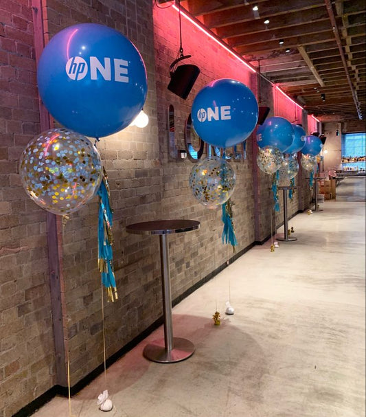 Balloon Blue 36-inches with Customize Sticker and 18-inches Clear with Confetti and Tassels - Corporate Event, Grand Opening, Company Event Perfect for special occasion!