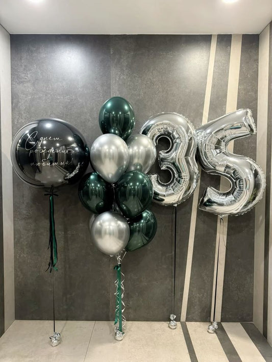 Pesonalised Clear with Black Latex, Ribbons and Customize Sticker Helium Balloons, Two Number Set Silver '35' and Latex Green and Silver Bunch - Perfect for any Occasions!