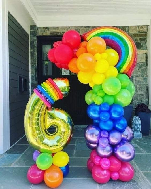 Balloon on Stand Gold Numbers '6' with Latex Pink, Yellow, Blue, Purple, Orange, Green and Pillar/Tower/Column Organic Arrangement with Rainbow accents - Customizable Design