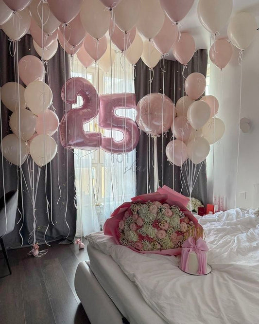 Pesonalised Clear with Pink Latex, Ribbons and Customize Sticker Helium Balloons, Two Number Set Pink '25' and Latex Ceiling and Bunch Pink and Beige - Perfect for any Occasions!