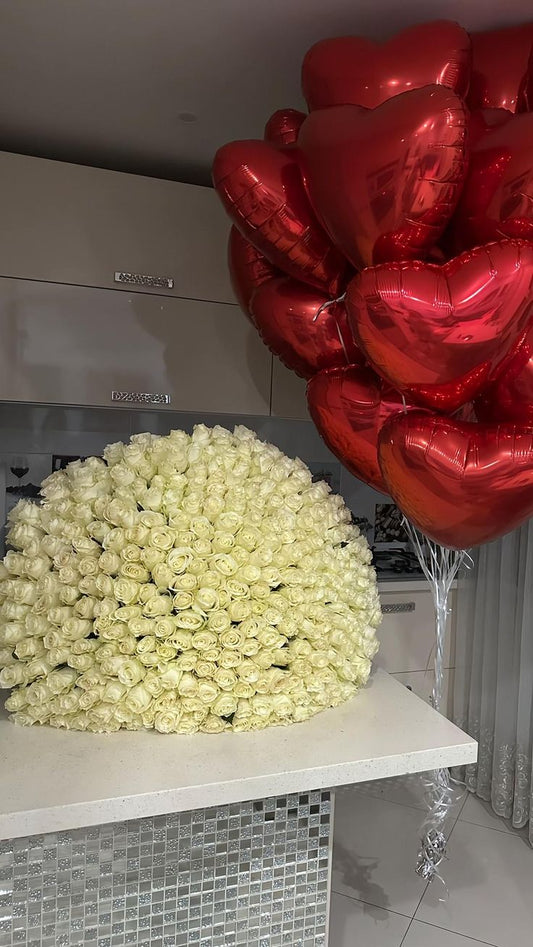 White Roses with Red Heart-Shaped Foil Balloons - Floral Fresh Bouquet