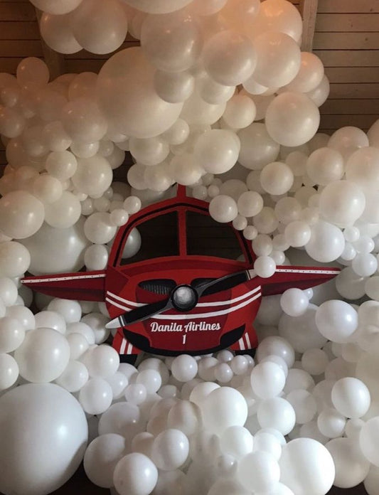 Customize Red Plane with Balloon White Organic Arrangement Aircraft-Themed Decor – Soar Into Celebration!