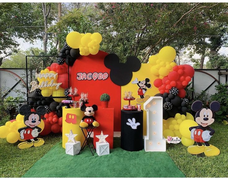 Full Decor Setup Customizable Name, Backdrop, Cake Stand, LED Marquee Number ‘1’ and Mickey Mouse Standee with Balloons Black, Read and Yellow - Perfect for special occasions