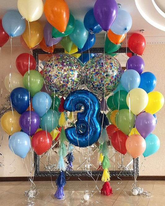 Helium Balloons Clear with Confetti, Tassels and Single Number Set Blue '3' with Latex Balloons Yellow, Orange, Green, Blue, Purple and Red - Perfect for any Occasions!