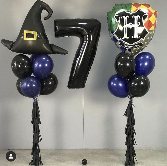 Helium Balloon Single Number Set of Black Number ‘7’ Balloon, Harry Potter Flag, Witch Hat with Latex Helium Bunch Black and Blue with Tassels - Harry Potter-Themed Perfect for any Occasions