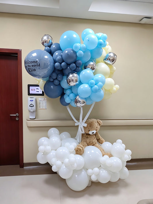 Hospital or Home Welcoming Baby Balloon Teddy Bear with Customizable Sticker Balloons Blue, White, Pastel Yellow, Silver Orbs - Perfect for special occasions Baby Shower Welcome Baby Newborn