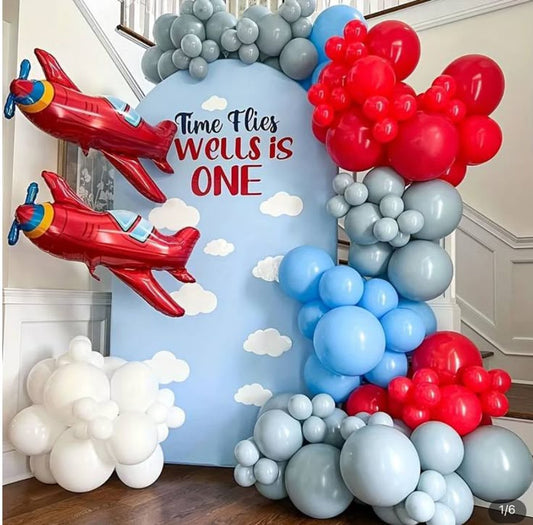 Customize Board Backdrop with Balloon White, Gray, Blue and Red with Plane Foil accents Aircraft-Themed Decor – Soar Into Celebration!