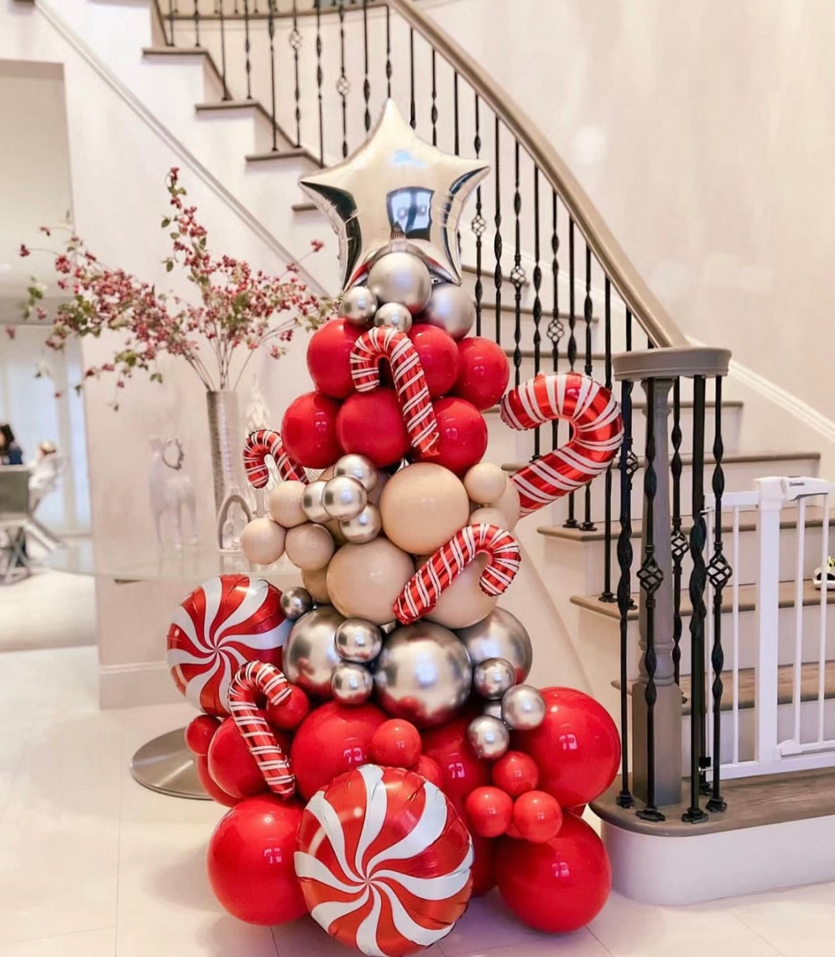 Christmas Balloon Red, Silver, and Beige Christmas Tree with Candy Canes and Festive Accents